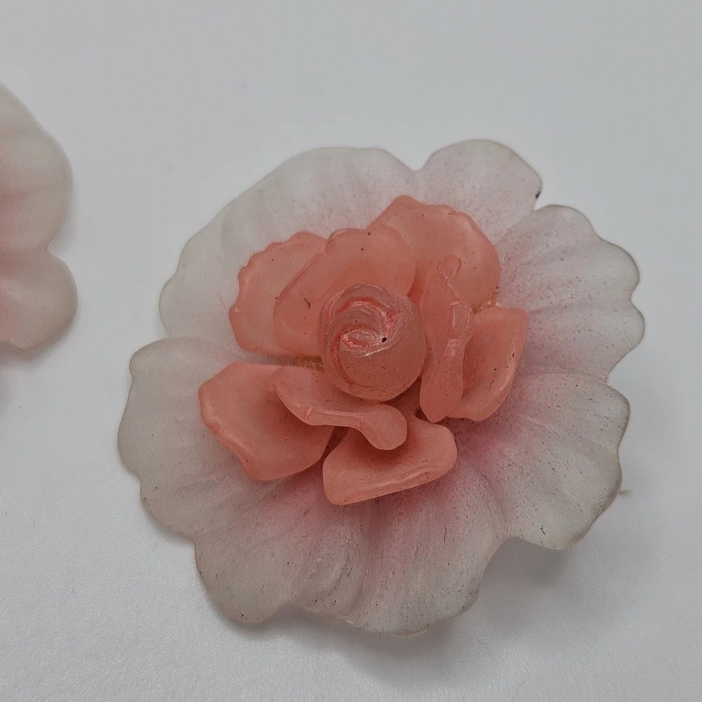 VINTAGE Pink Frosted Plastic 3D Flower Statement Earrings Clip On
